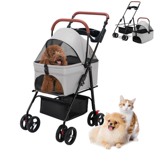 4 Wheels Pet Stroller for Medium Small Dog up to 50lbs, Folding Dog Stroller, 4 Wheels Cat Strollers, Travel Carrier, with Adjustable Handle, Cup Holder, Breathable Mesh (1 Set Black)