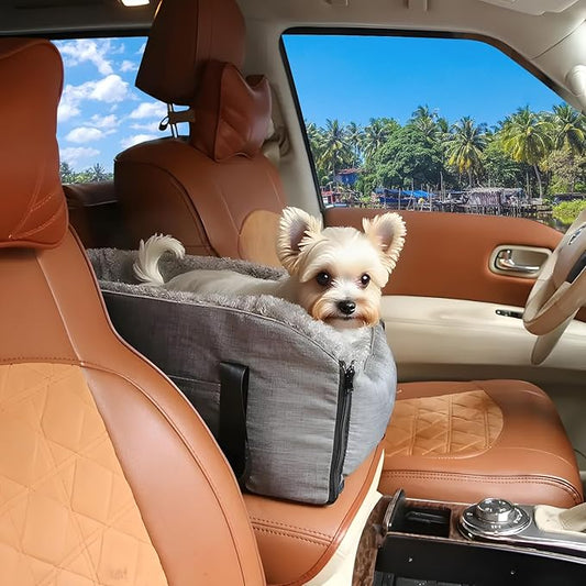 Center Console Dog Car Seat for Small Dogs Under 11lbs: 2-in-1 Carrier & Booster Seat with Clip-On Safety Leash, Storage Pockets & Removable Washable Cover, Car Travel(Grey, 1 Pack)