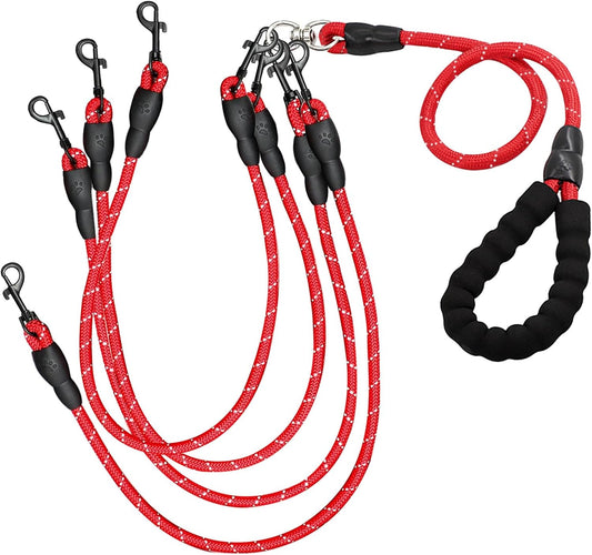 4 Way Dog Leashes,No Tangle Medium Small Dog Walking Leash,Nylon Pet Leash for 1 to 4 Dogs Outdoor Walking (Red)
