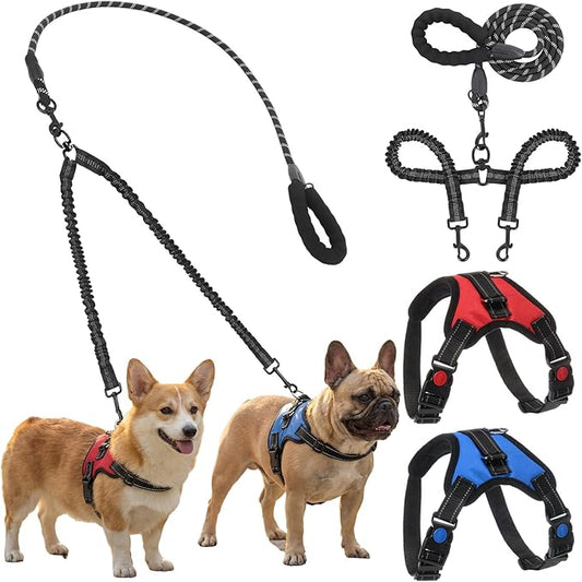 3 Pcs Double Dog Leash No Pull Dog Harness 360° Swivel No Tangle Vest Adjustable Dual Leash Reflective Vest Harness Walking Training Lead for Two Dogs, Small Medium Dogs, 25-150 Lbs