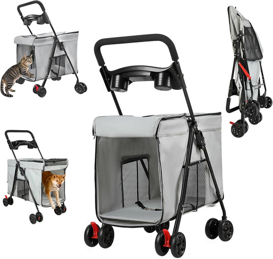 4 Wheels Pet Stroller for Small Medium Dogs Cats One Button Fold, Adjustable Mesh Windows and Shades, 360° Swivel Front Wheels and Rear Wheel Brake