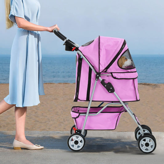 4 Wheels Pet Stroller Waterproof,Travel Stroller for Small Medium Dogs & Cats,Easy Fold with Removable Liner,Storage Basket,Black